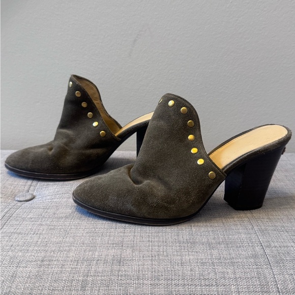 MICHAEL KORS Louise Suede Mules in olive green with gold studs | Size 9.5 - Picture 2 of 7